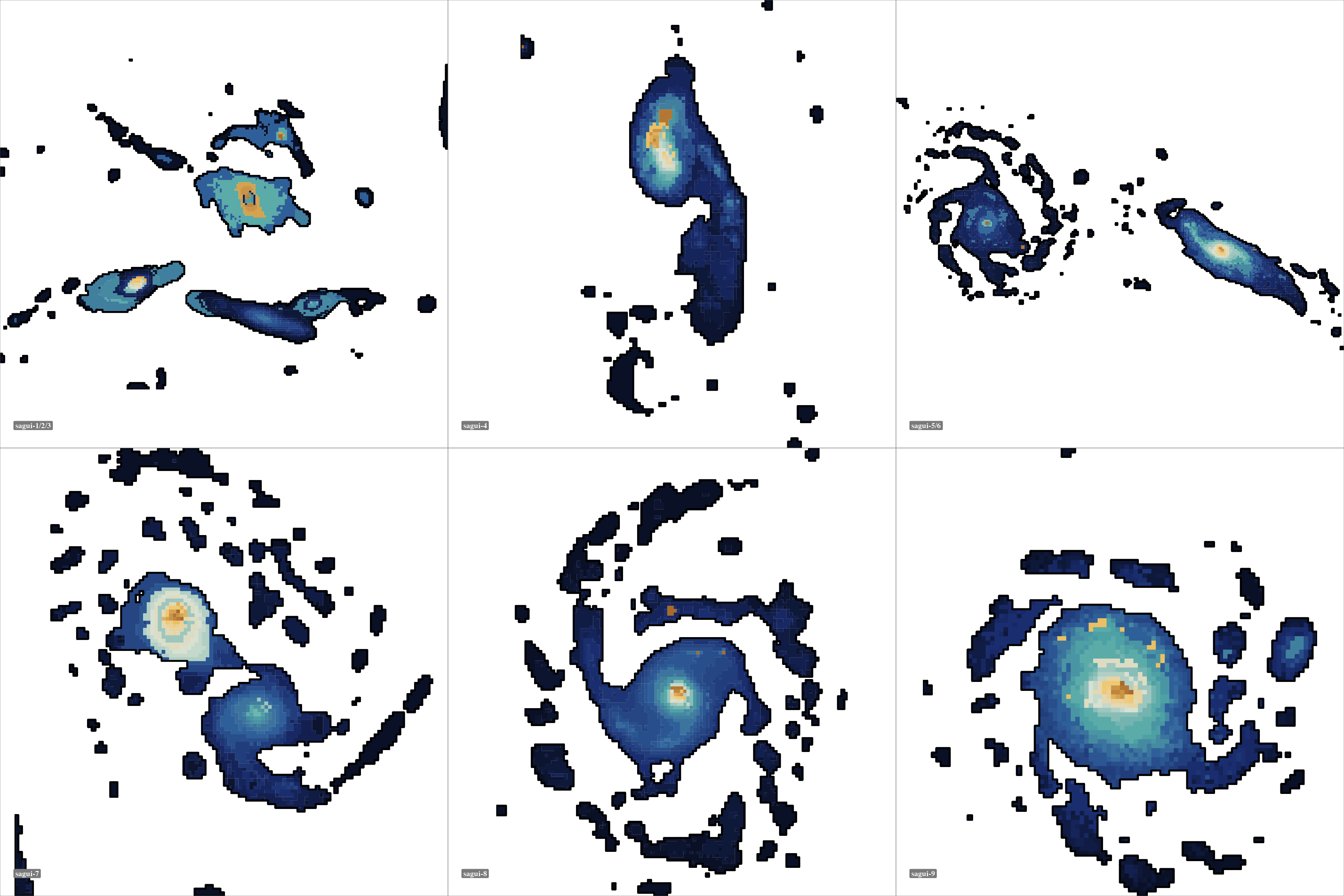 A manuscript mosaic of six resolved galaxies, each paired with a categorical Sagui photometric SED segmentation map